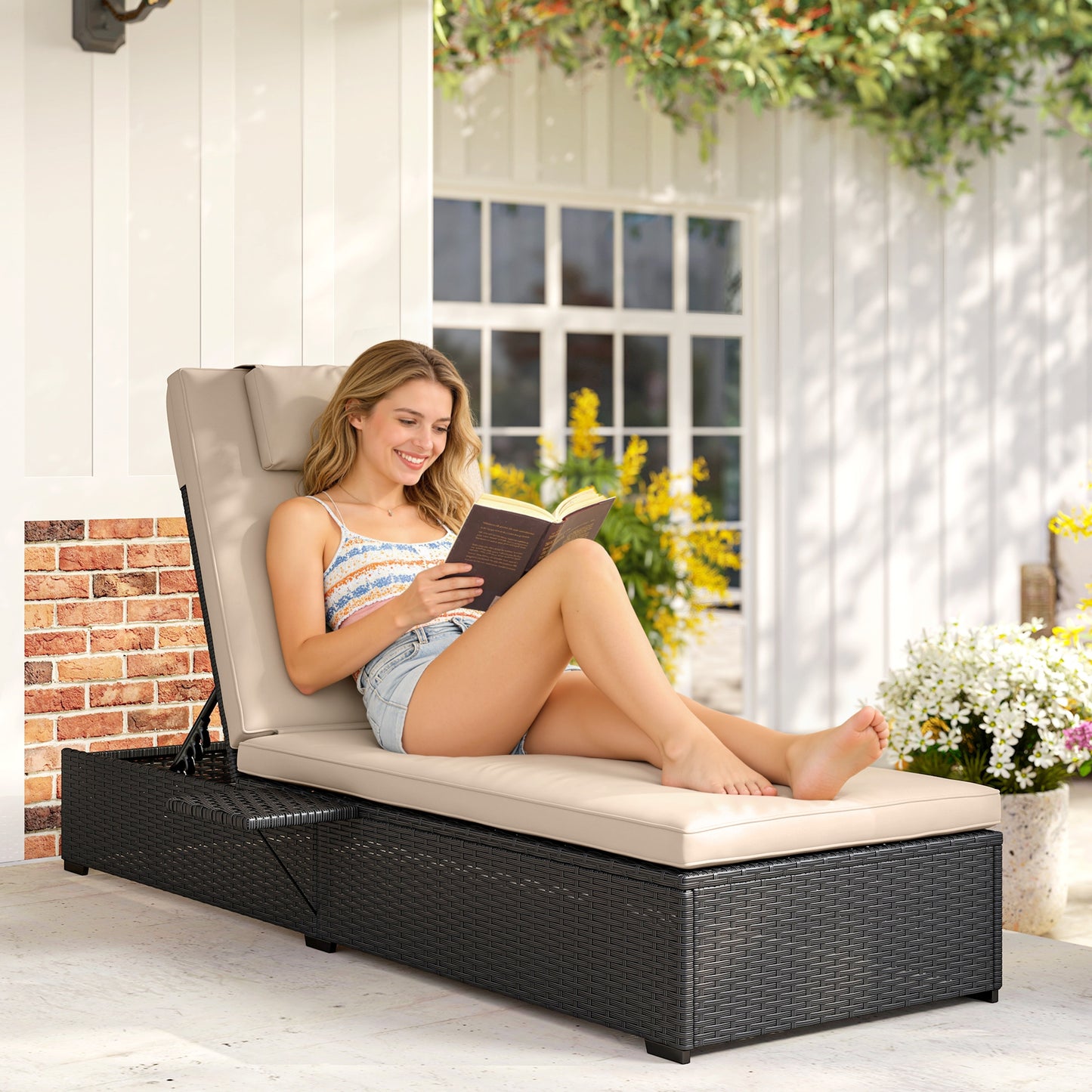 Rattan Sun Lounger with 5-Level Reclining Back Side Tray and Cushion, Black