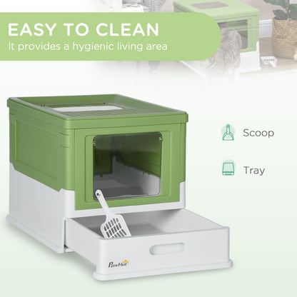 Hooded Cat Litter Box, Portable Pet Toilet, with Scoop, Front Entry - Emerald Green