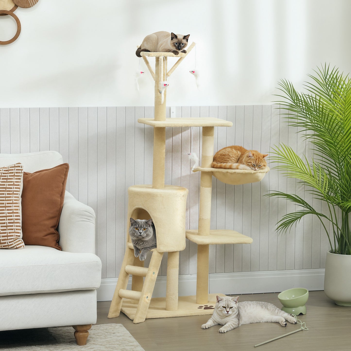 Multi-Level Cat Tower, 134cm Cat Tree with Condo and Sisal Scratching Posts for Indoor Kittens, Beige