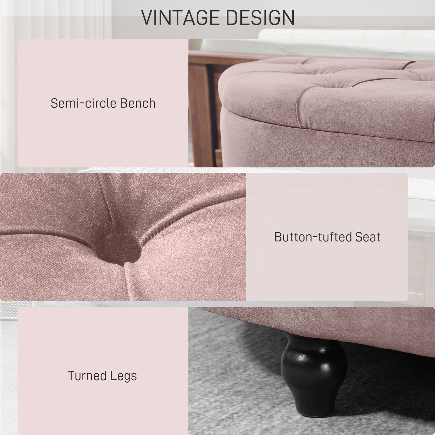 Semi-Circle Ottoman Storage Bench, Bed End Bench, Tufted Upholstered Window Seat Footrest Stool with Rubberwood Legs for Bedr