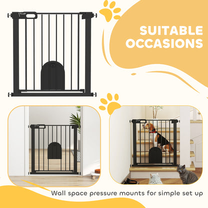 Dog Gate with Cat Flap Pet Safety Gate Barrier, Stair Pressure Fit, Auto Close, Double Locking, 75-82 cm Black