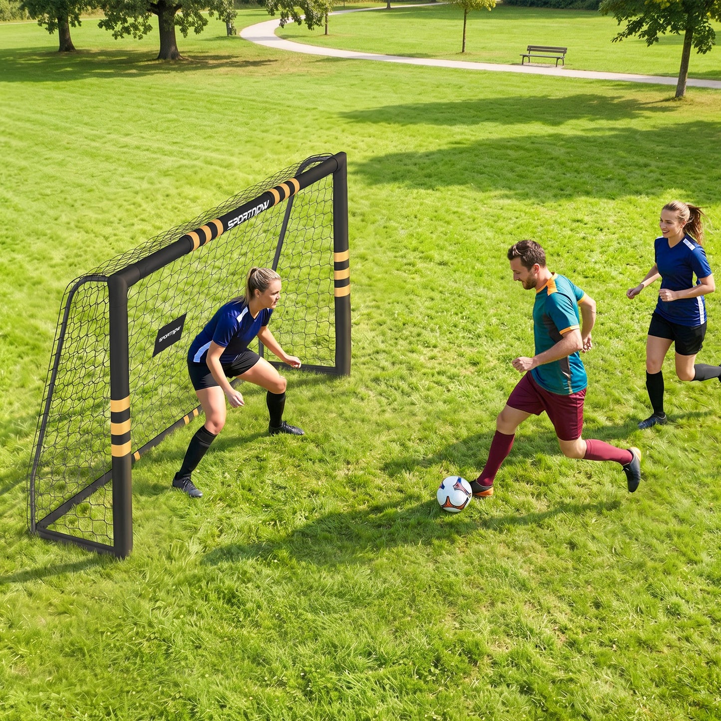 Football Goal, 8 x 5ft Portable Football Net with EPE Foam Padding, PVC Tube Covers Ground Stakes and Metal Frame
