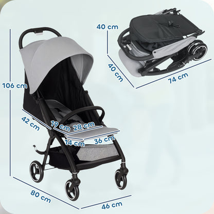 Travel Stroller, Lightweight Pushchair, Compact Buggy with Canopy, Basket and Multi-Position Recline, Light Grey
