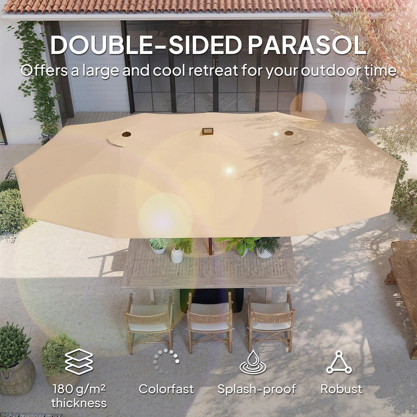 Patio Umbrella Double-Sided Outdoor Umbrella with Solar Lights Base, Khaki