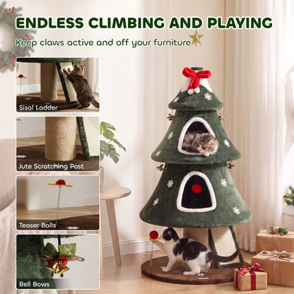 Cat Tree, Christmas Cat Tower with Dual Condos, Sisal Ladder, Jute Posts, Anti-Tip Rope, Hanging Balls, 60 x 60 x 132 cm