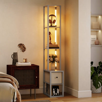 Floor Lamp with Shelves, LED Column Modern Standing Lamp with Fabric Drawer, Adjustable Brightness