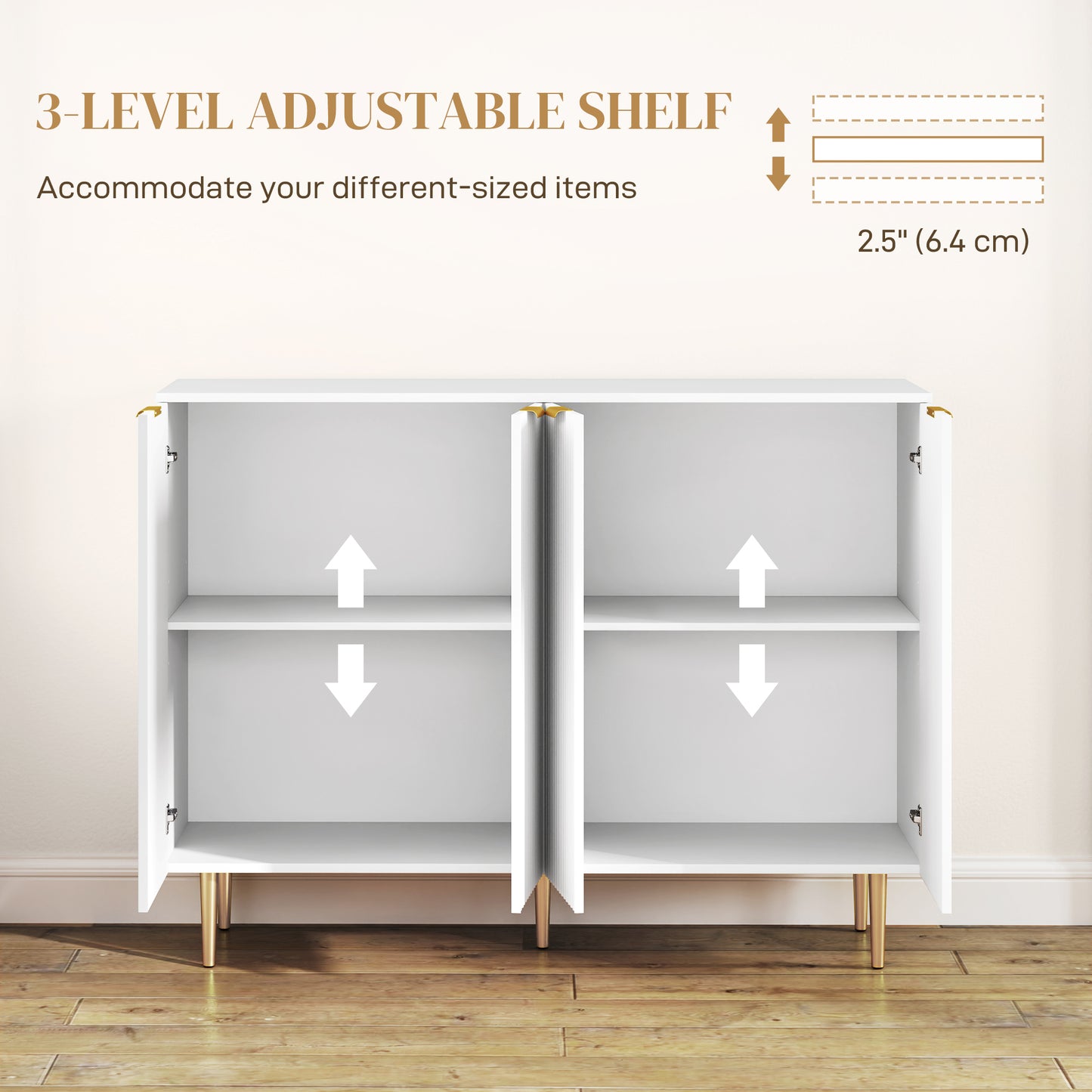 Sideboard Buffet Cabinet, Modern Kitchen Storage Cabinet with Adjustable Shelves and Metal Legs, White