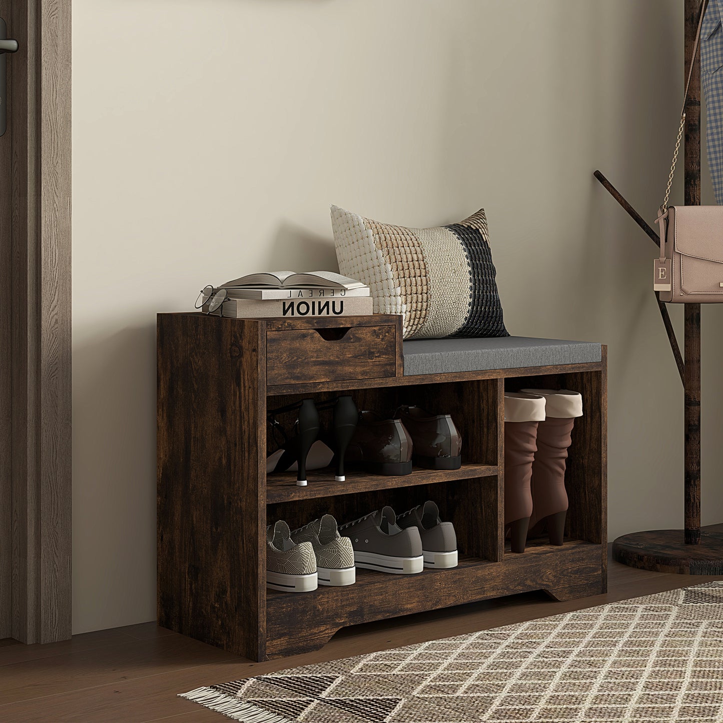 Multi-Compartment Shoe Bench, with Seat - Rustic Brown