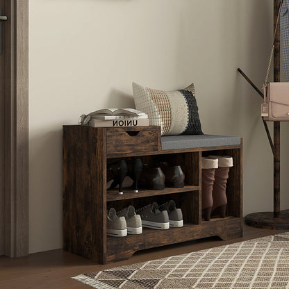 Multi-Compartment Shoe Bench, with Seat - Rustic Brown