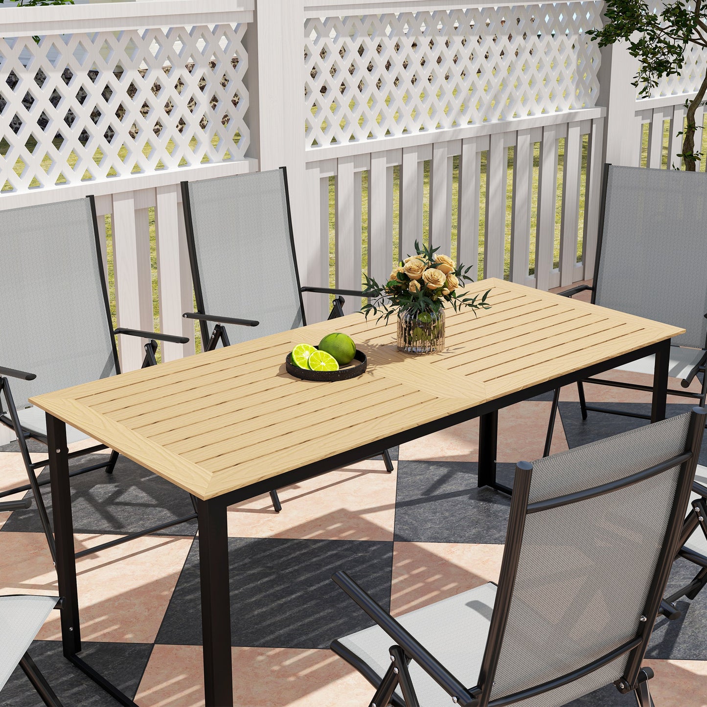 Garden Table for 6 People, 175 x 78 x 75 cm Rectangle Outdoor Dining Table with Slatted Top, Metal Frame, for Balcony, Deck