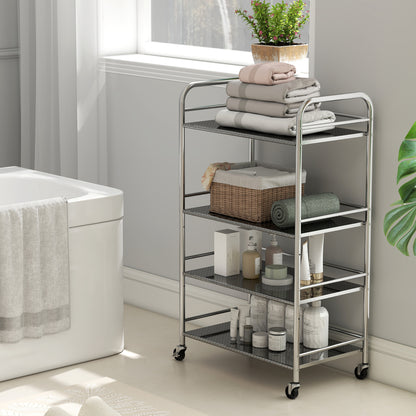 4 Tier Stainless Steel Kitchen Storage Trolley with Adjustable Shelves - Silver