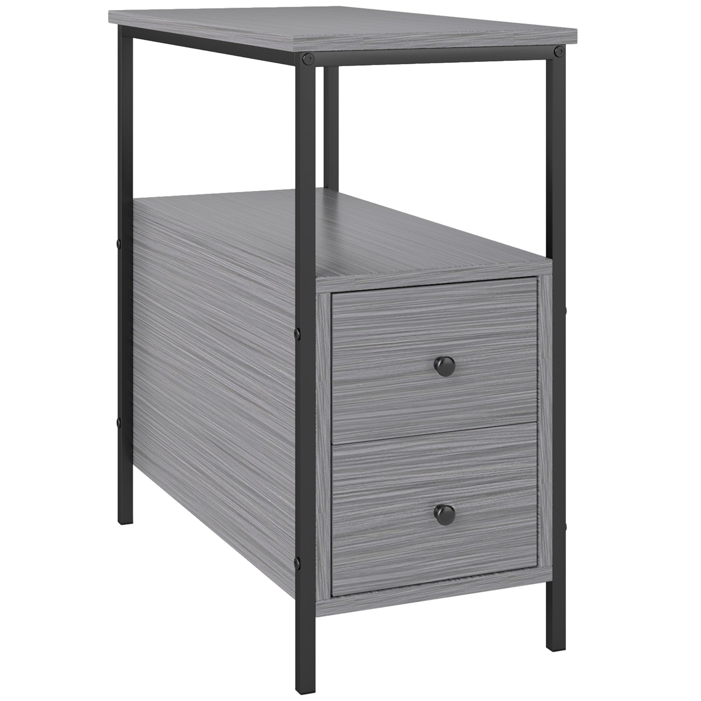 Side Table, Narrow Bedside Table with 2 Drawers and Storage Shelf, Industrial End Table with Metal Frame for Small Spaces