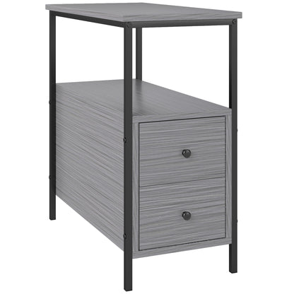 Side Table, Narrow Bedside Table with 2 Drawers and Storage Shelf, Industrial End Table with Metal Frame for Small Spaces