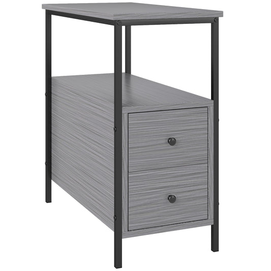 Side Table, Narrow Bedside Table with 2 Drawers and Storage Shelf, Industrial End Table with Metal Frame for Small Spaces