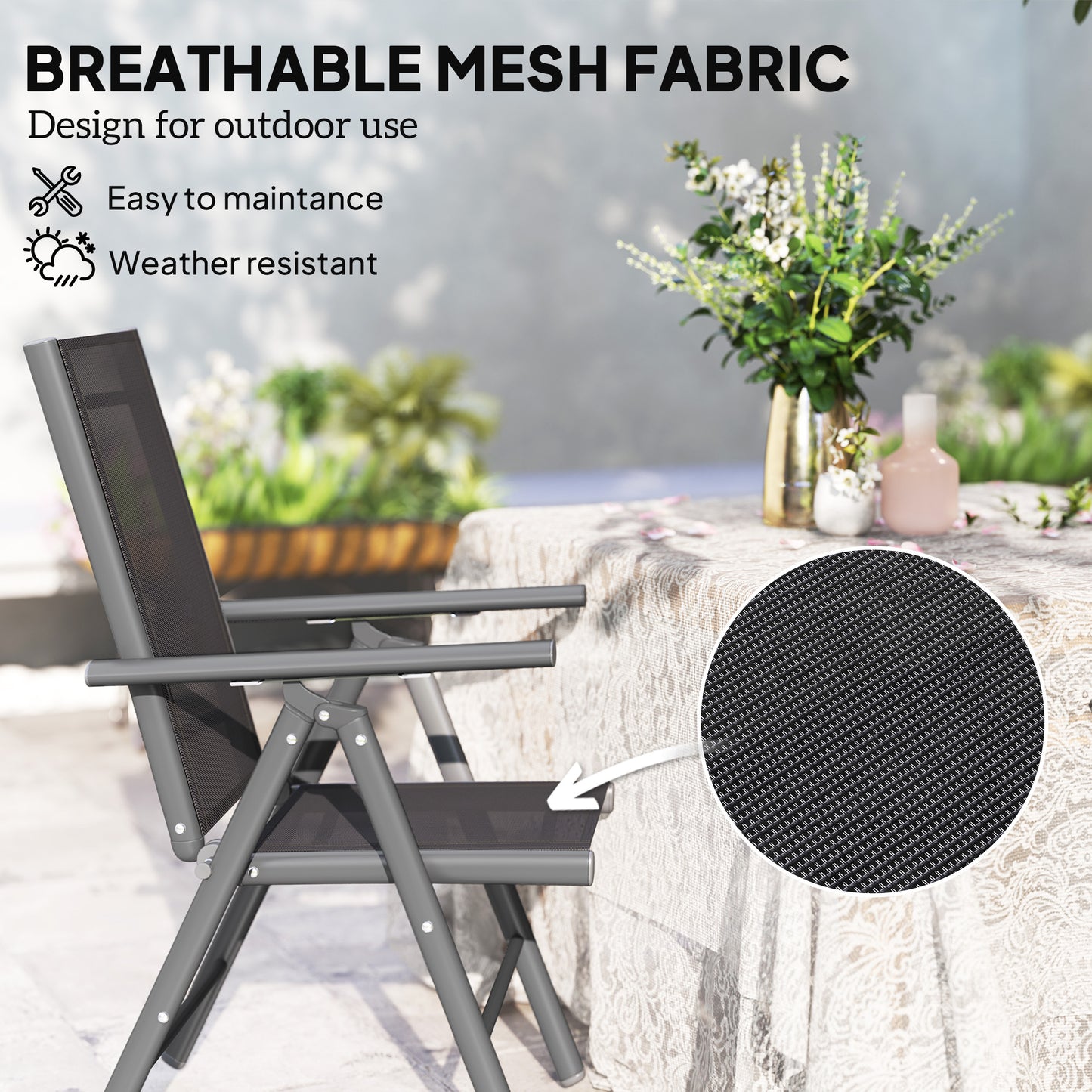 Set of 2 Folding Garden Chairs, Aluminium Frame Outdoor Dining Chairs with Breathable Mesh Back and Seat