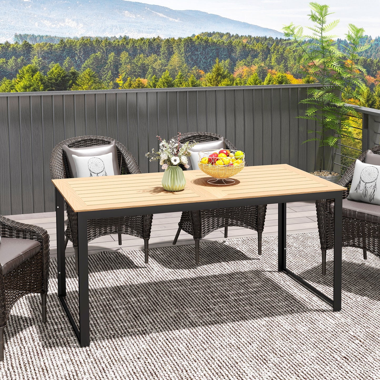 Garden Table for 6 People, 160 x 80 x 75 cm Rectangle Outdoor Dining Table with Slatted Top, Metal Frame, for Balcony, Deck