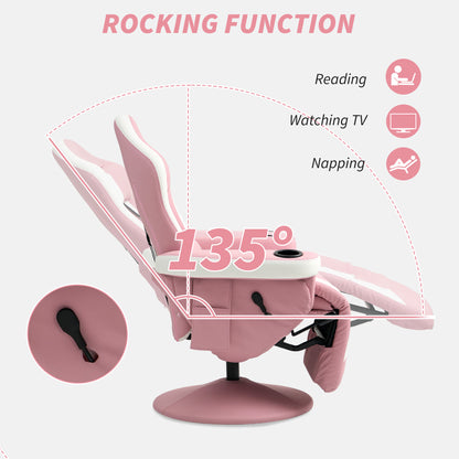 Manual Recliner Armchair PU Leather Lounge Chair w Adjustable Leg Rest, 135° Reclining Function, 360° Swivel, Pink