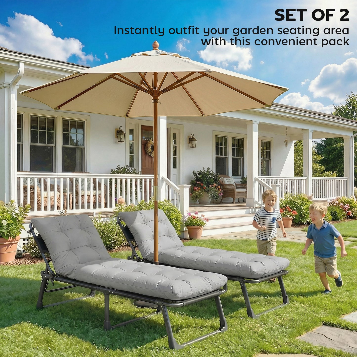 Sun Lounger Cushions Only, Garden Lounge Chair Cushions Set of 2, Sunbed Replacement Pads with 4 Ties, Light Grey