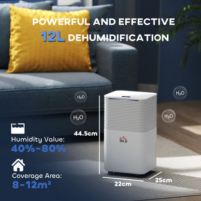 12L/Day Dehumidifier with 2L Water Tank, Laundry Drying, Automatic Humidity Sensor, Electric Portable Dehumidifier