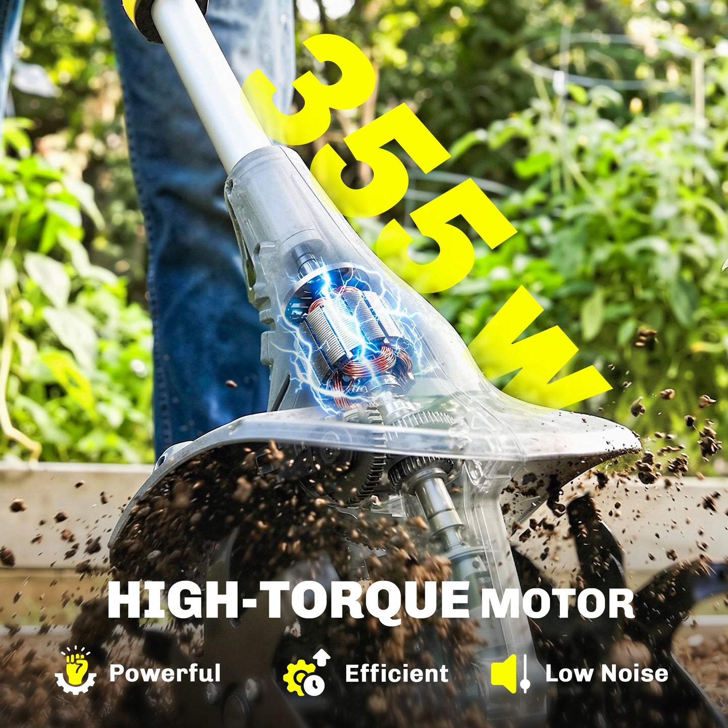 Cordless Tiller, 18V Electric Garden Rotavator with 2 x 4000mAh Batteries, Charger, 20cm Tilling Width & 18cm Depth
