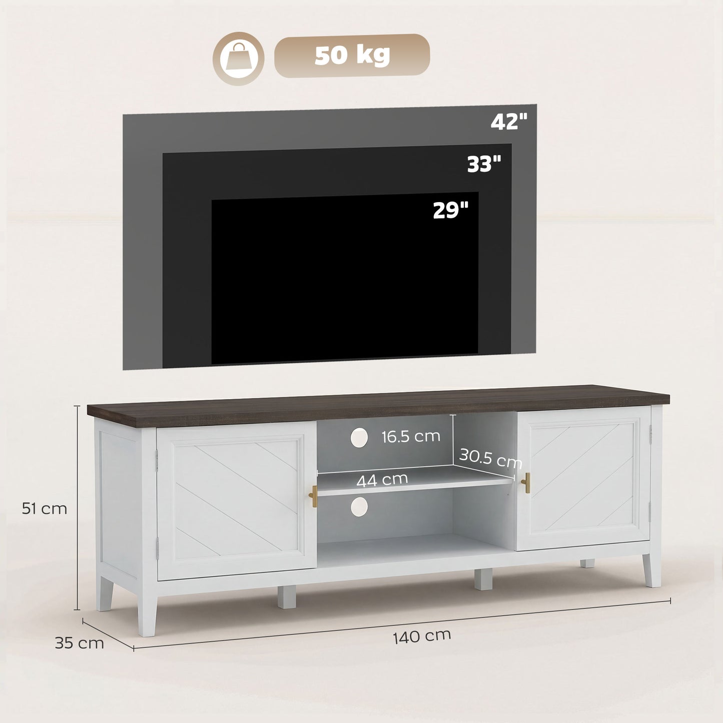 TV Unit for TVs up to 42 Inch, Farmhouse Entertainment Centre with 2 Open Shelves, 2 Cabinets and Thick Top