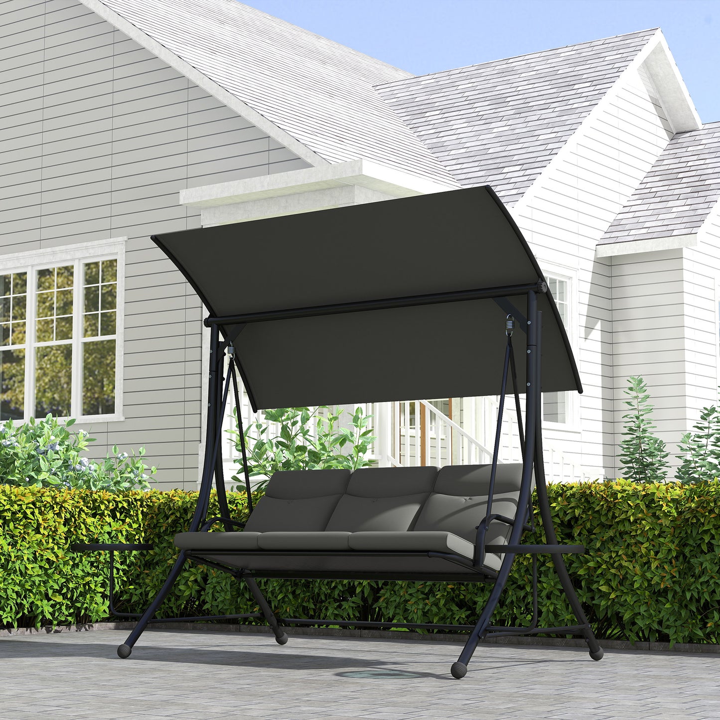 Three-Seater Garden Swing, with Adjustable Canopy - Black/Grey