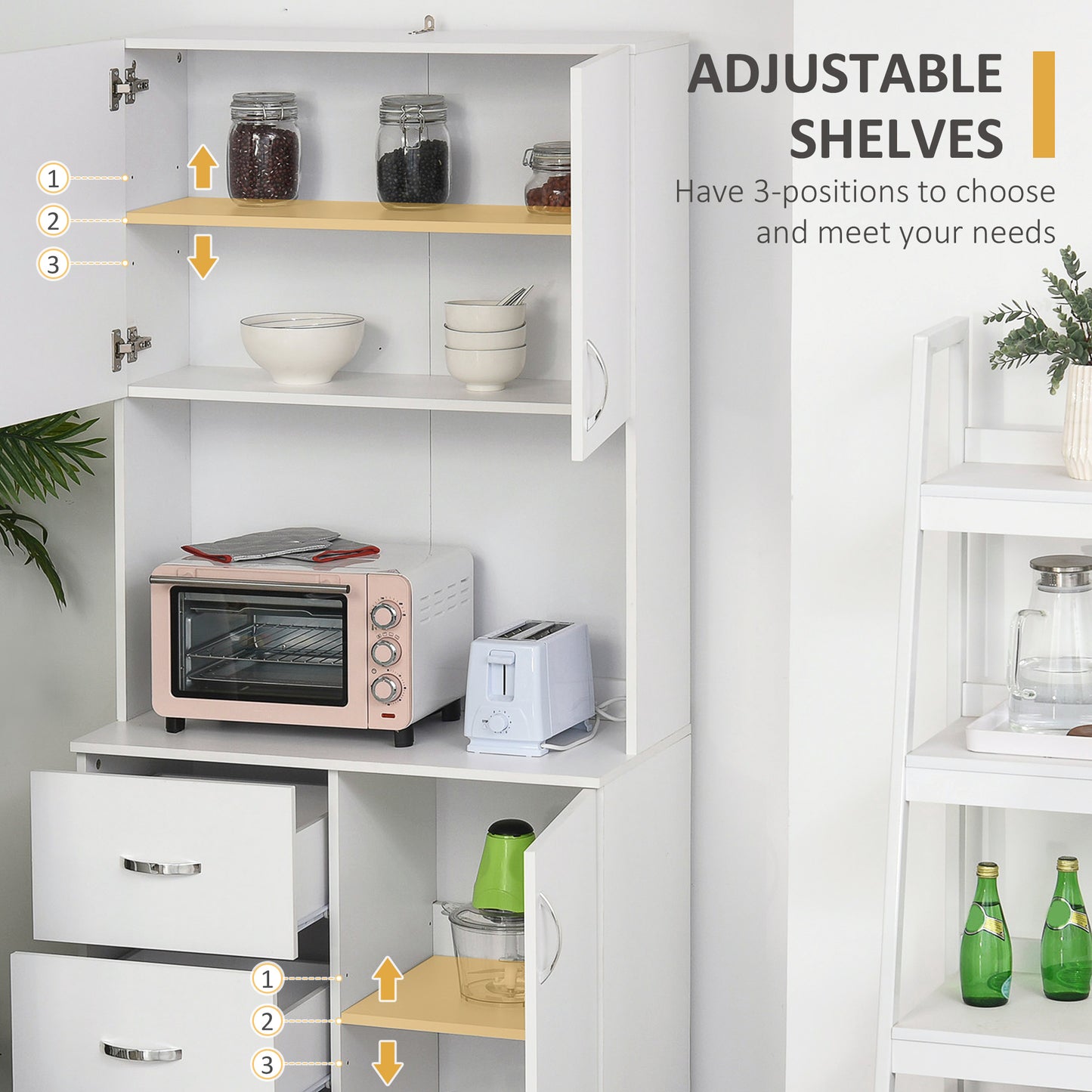 183.5cm Free standing Kitchen Cupboard, Storage Cabinet with Doors and Sheleves, 3 drawers and Open Space