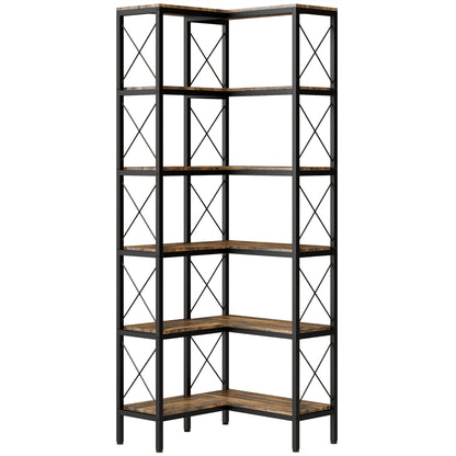5-Tier L-Shaped Bookshelf, Freestanding Corner Bookcase with Metal Frame, Rustic Brown