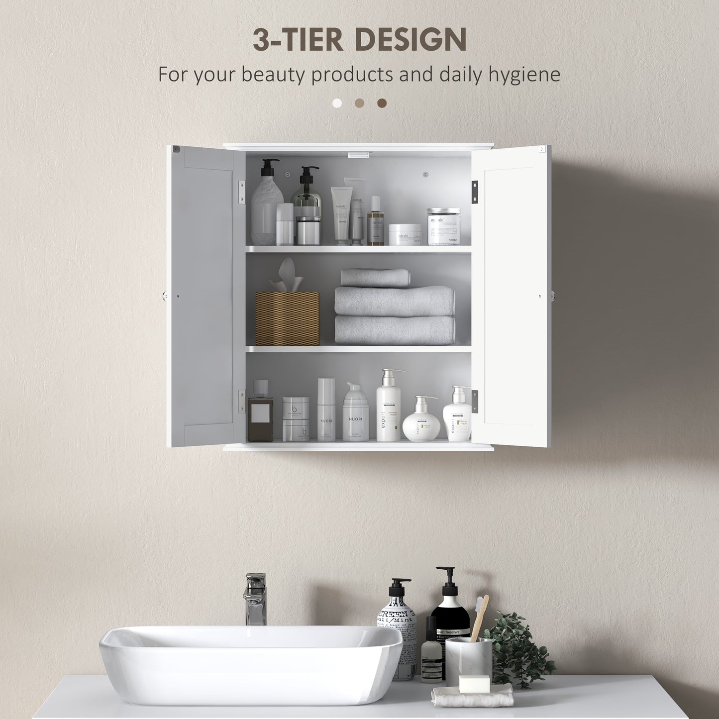 Bathroom Wall Cabinet, 3-Tier Wall-Mounted Bathroom Storage Cabinet with Adjustable Shelf, White