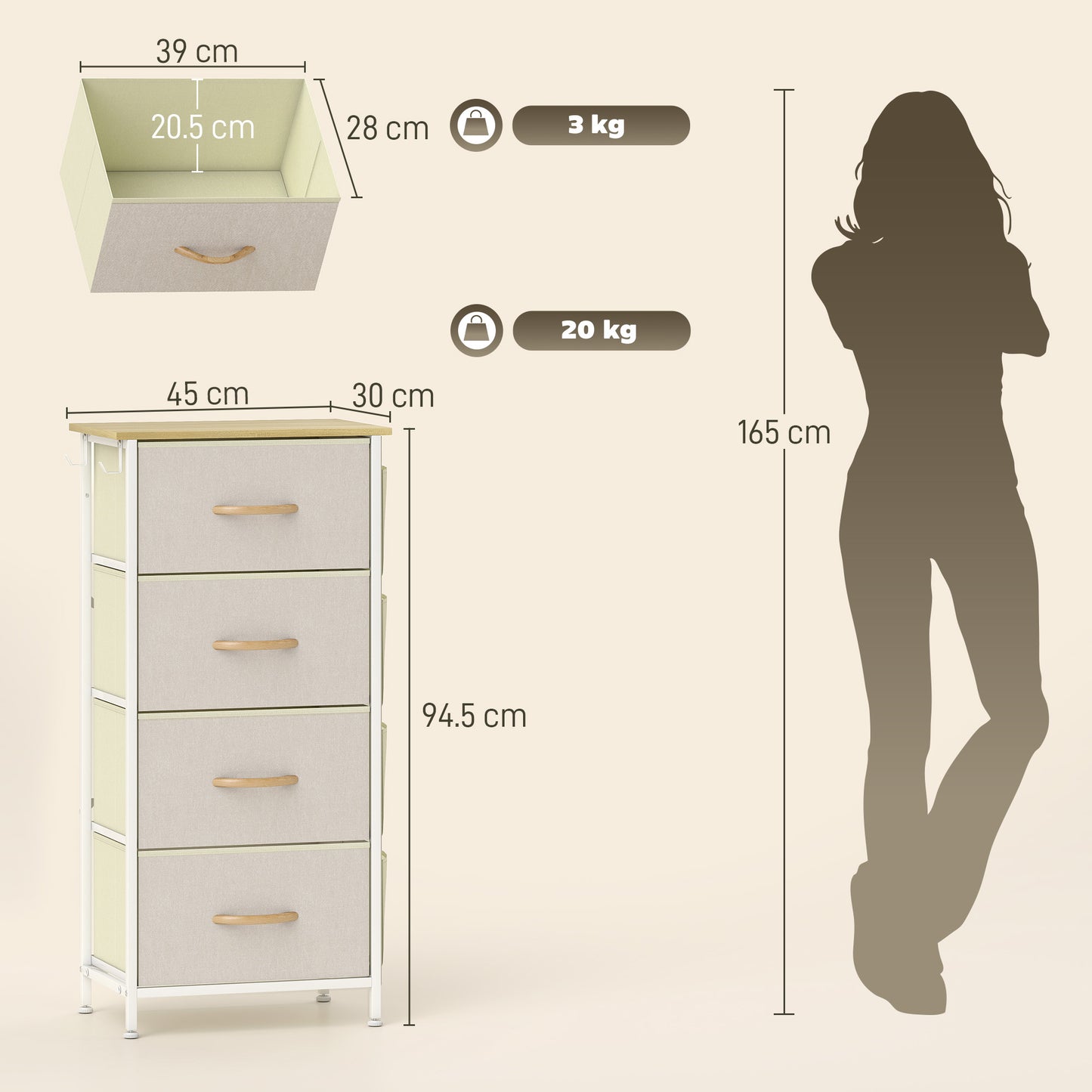 Chest of Four Fabric Drawers - Beige