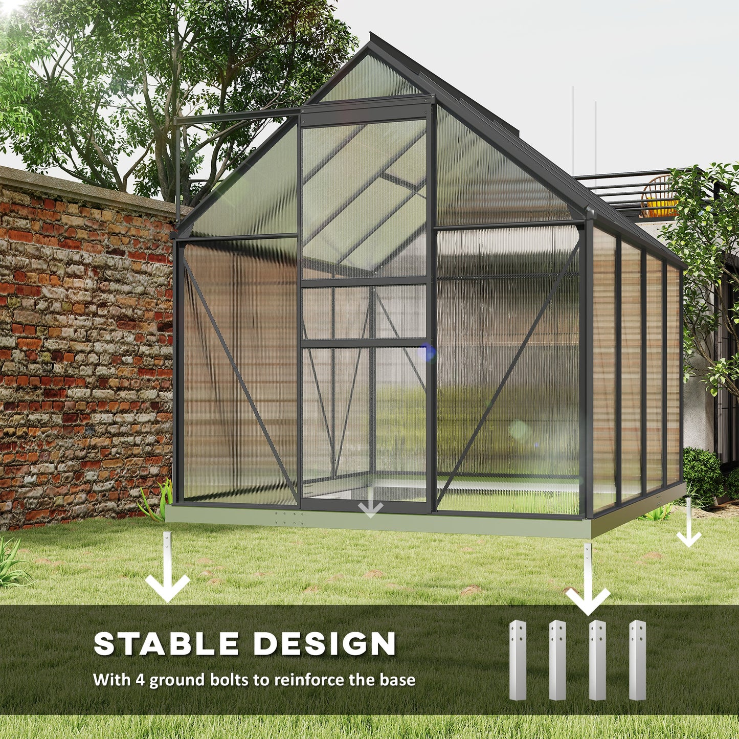 190 x 253 cm Walk-In Polycarbonate Greenhouse - Dark Grey