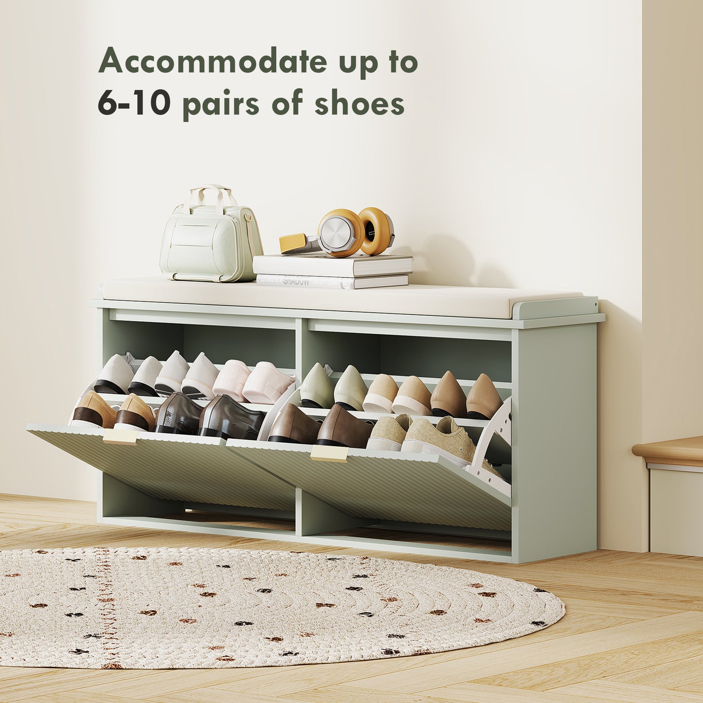 Elegant Ten Shoe Bench, with Top Seat - Green