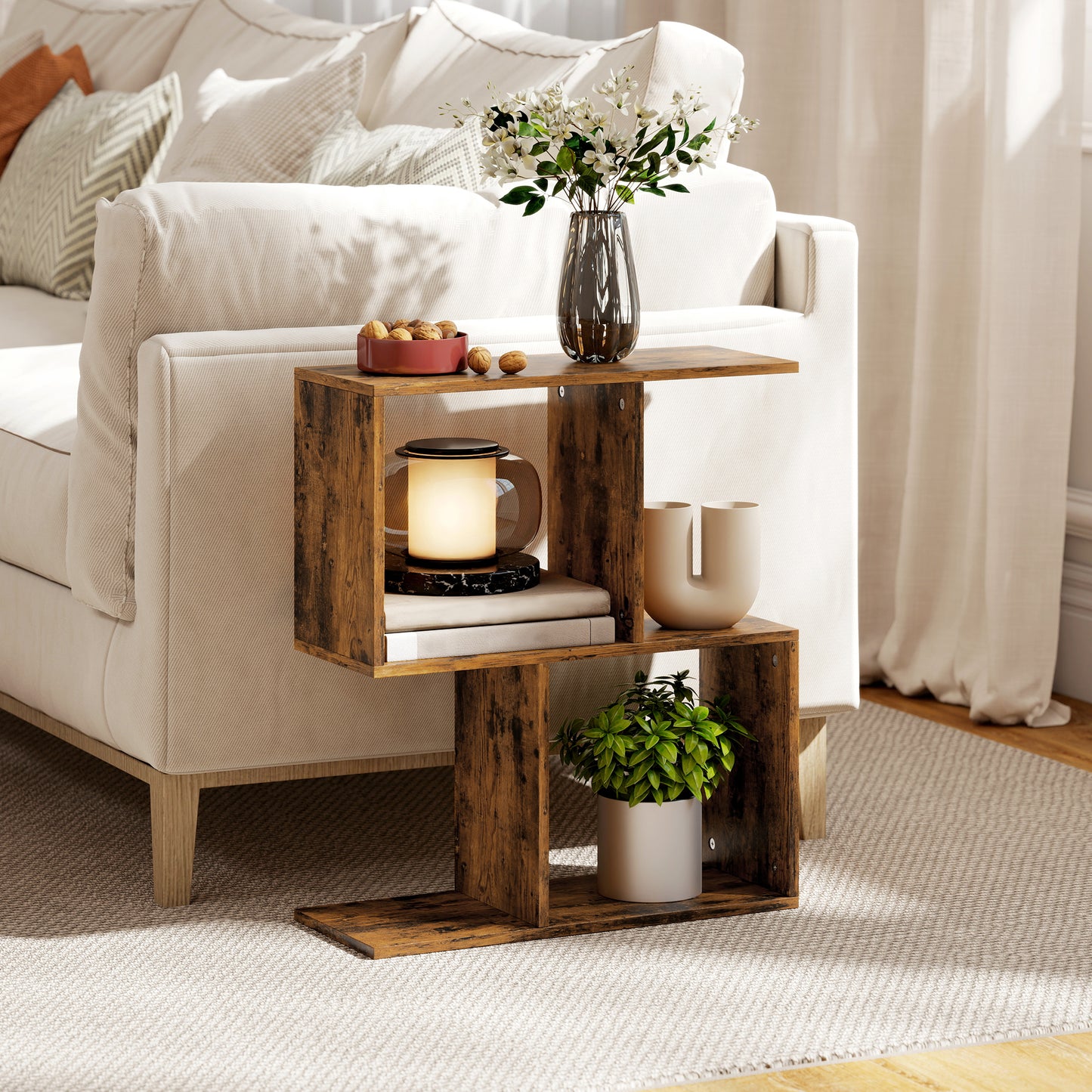Side Table, Narrow End Table with Storage Shelves, S-Shaped, 3-Tier, 50W x 19.5D x 58H cm, Rustic Brown