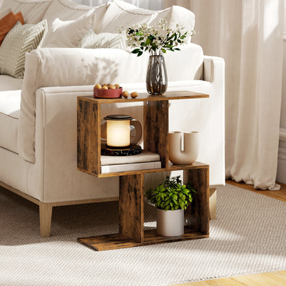 Side Table, Narrow End Table with Storage Shelves, S-Shaped, 3-Tier, 50W x 19.5D x 58H cm, Rustic Brown