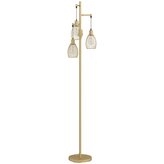 170.5cm Industrial Dimmable Standing Lamp, 3-Light Floor Lamp with Steel Wire Cage Lampshades, Gold Tone