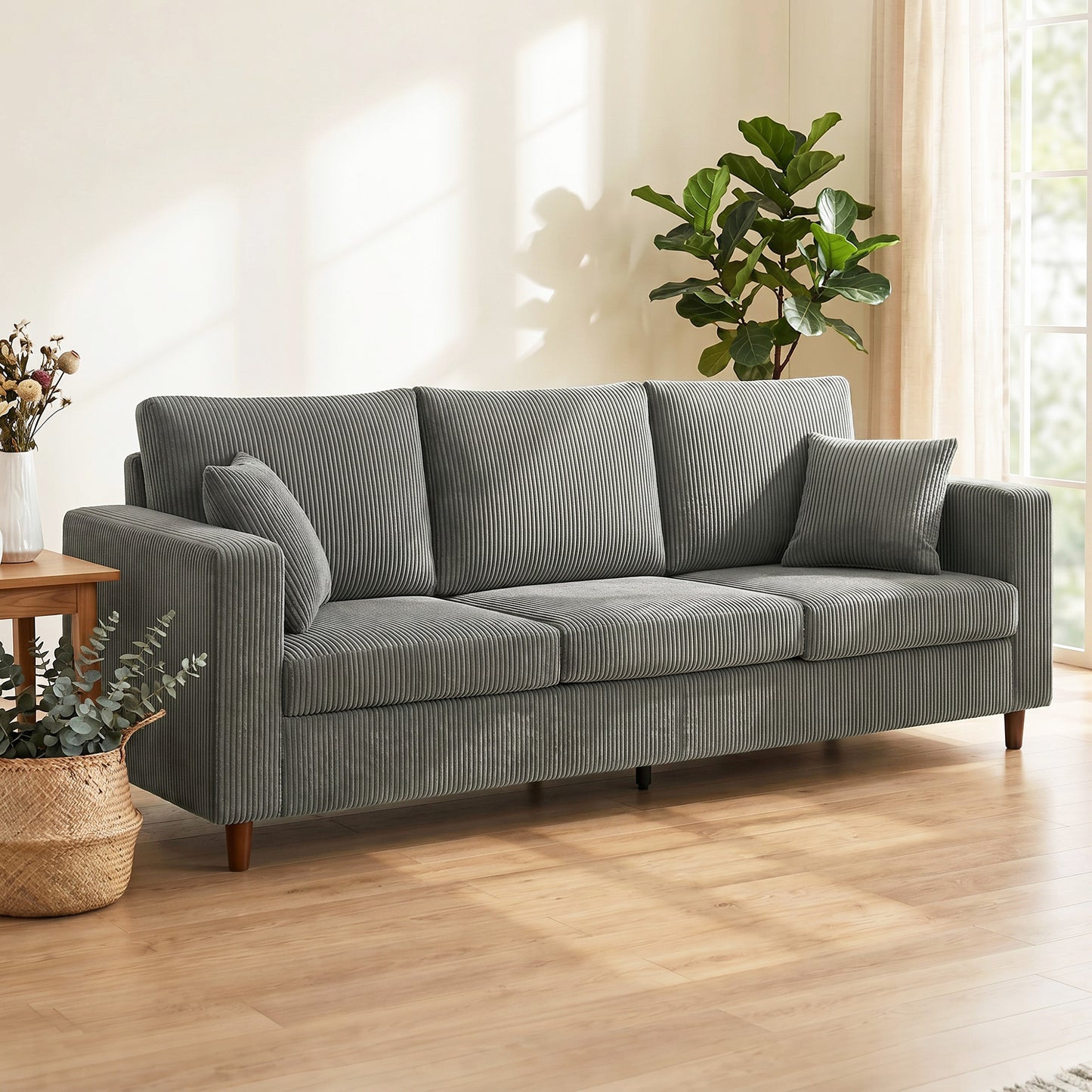 3 Seater Sofa with Wide Seat, Corduroy Fabric Couch with Deep Seat, Spring Cushion, Light Grey