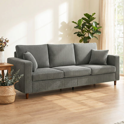3 Seater Sofa with Wide Seat, Corduroy Fabric Couch with Deep Seat, Spring Cushion, Light Grey