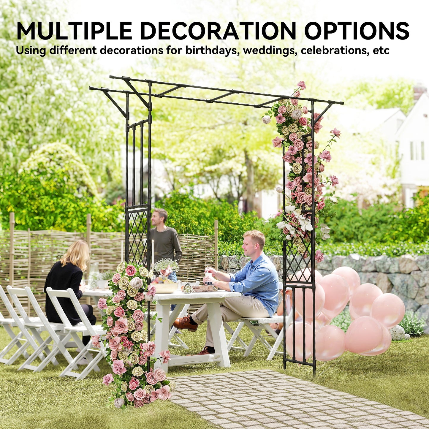 Garden Arch, PE-Coated Steel Arbour Trellis for Climbing Plants, Rose Arch, 180 x 40 x 215 cm, Black