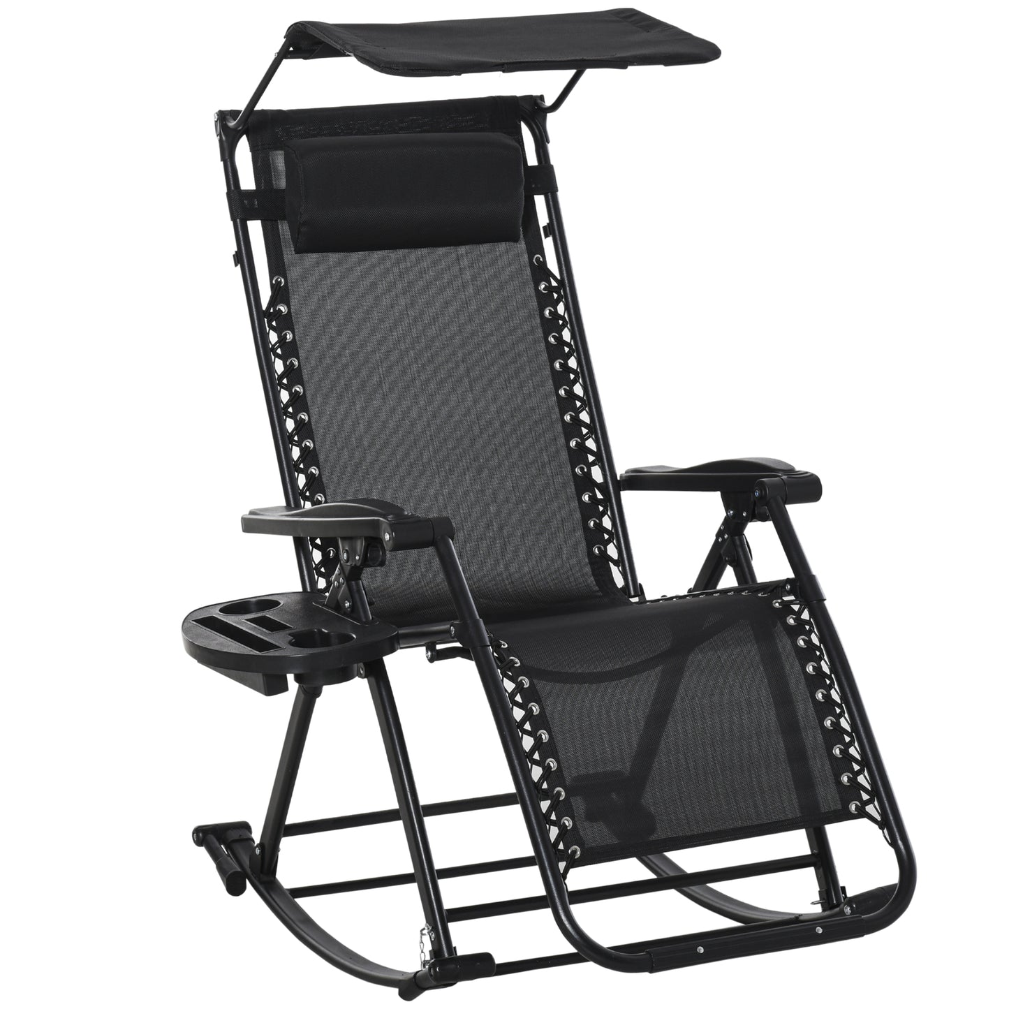 Garden Rocking Chair Folding Recliner Outdoor Adjustable Sun Lounger Rocker Zero-Gravity Seat with Headrest Side Holder Patio