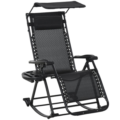 Garden Rocking Chair Folding Recliner Outdoor Adjustable Sun Lounger Rocker Zero-Gravity Seat with Headrest Side Holder Patio