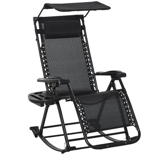 Garden Rocking Chair Folding Recliner Outdoor Adjustable Sun Lounger Rocker Zero-Gravity Seat with Headrest Side Holder Patio