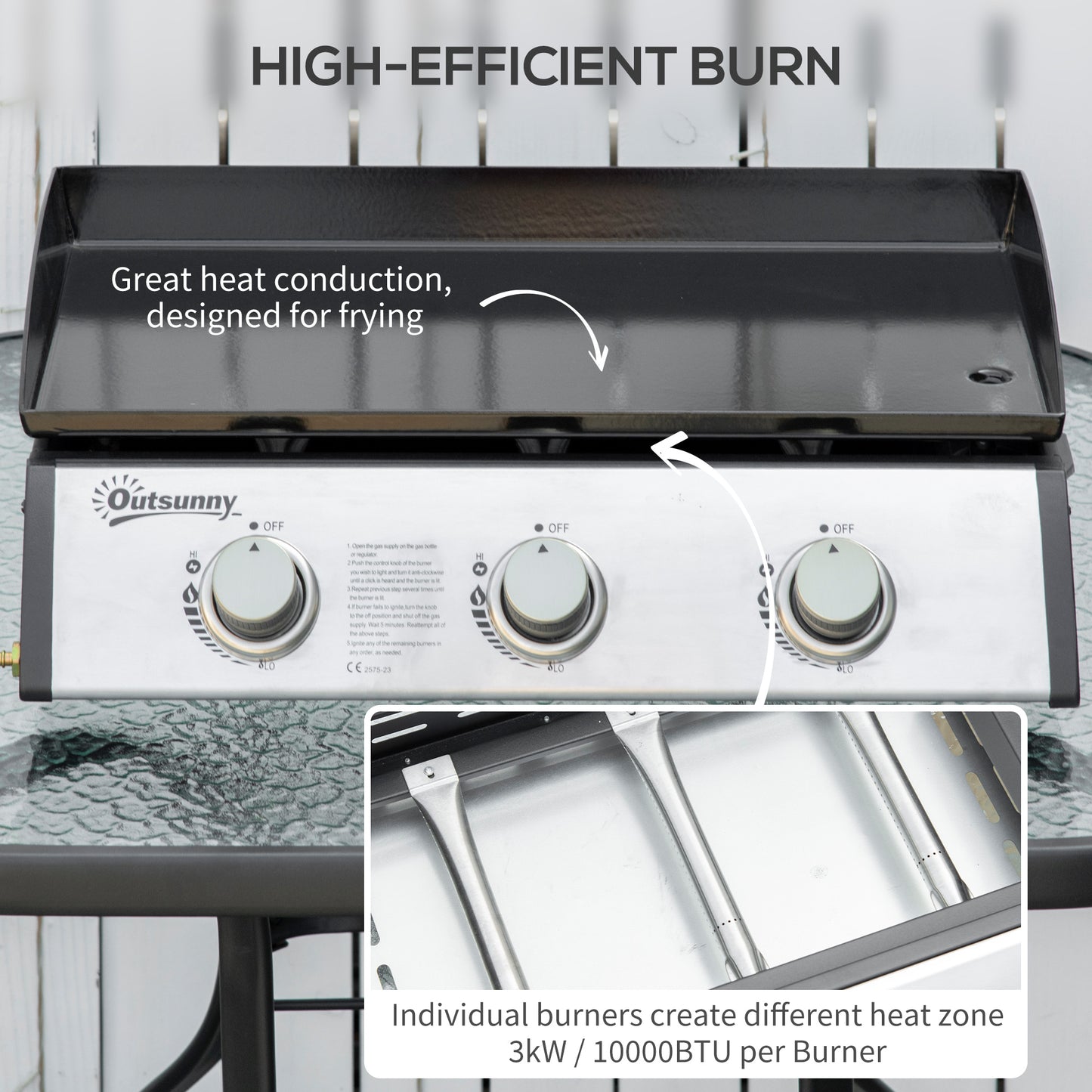 Gas Plancha Barbecue Grill with 3 Stainless Steel Burner, 7.5kW
