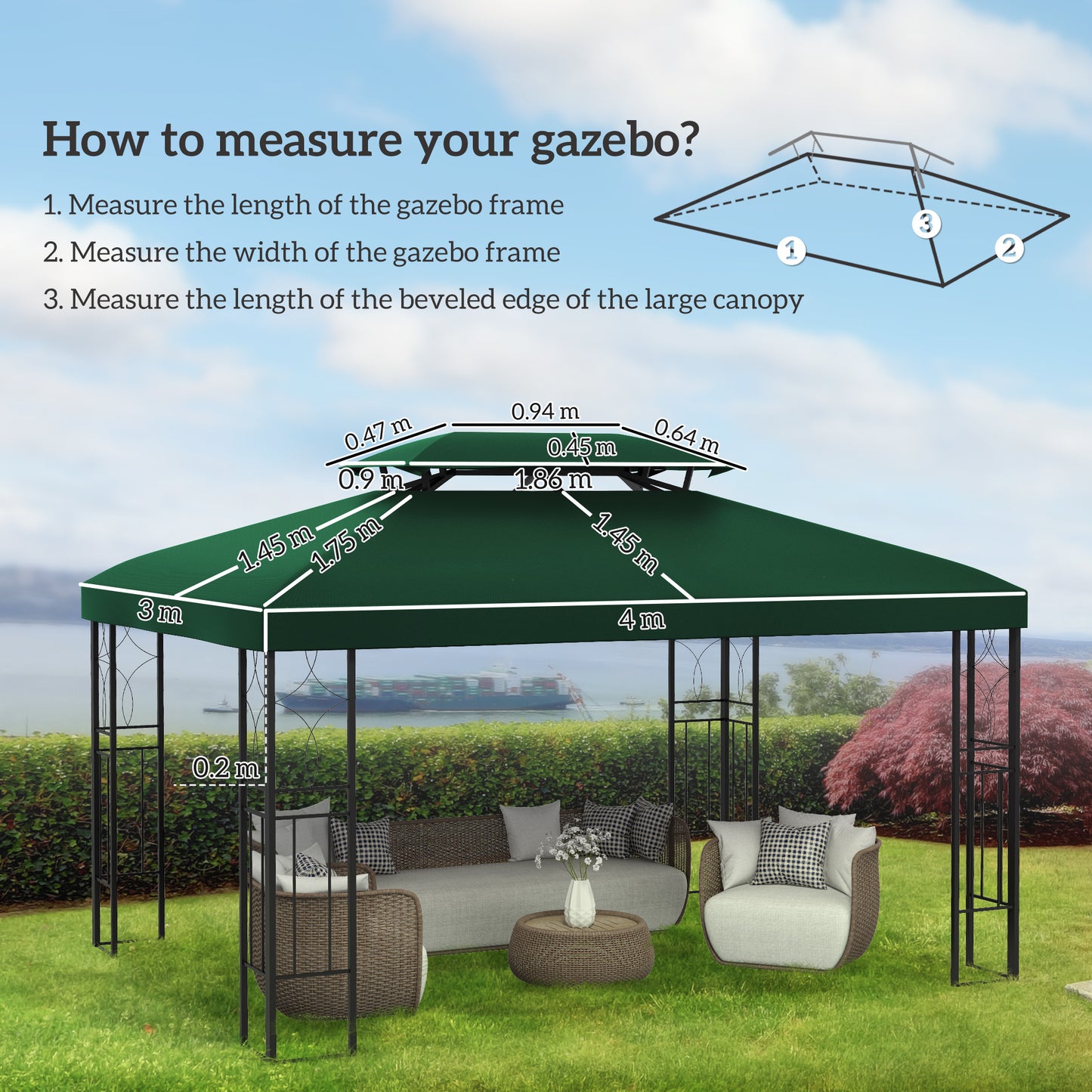 Gazebo Roof Replacement, for 3 x 4m Frames - Green