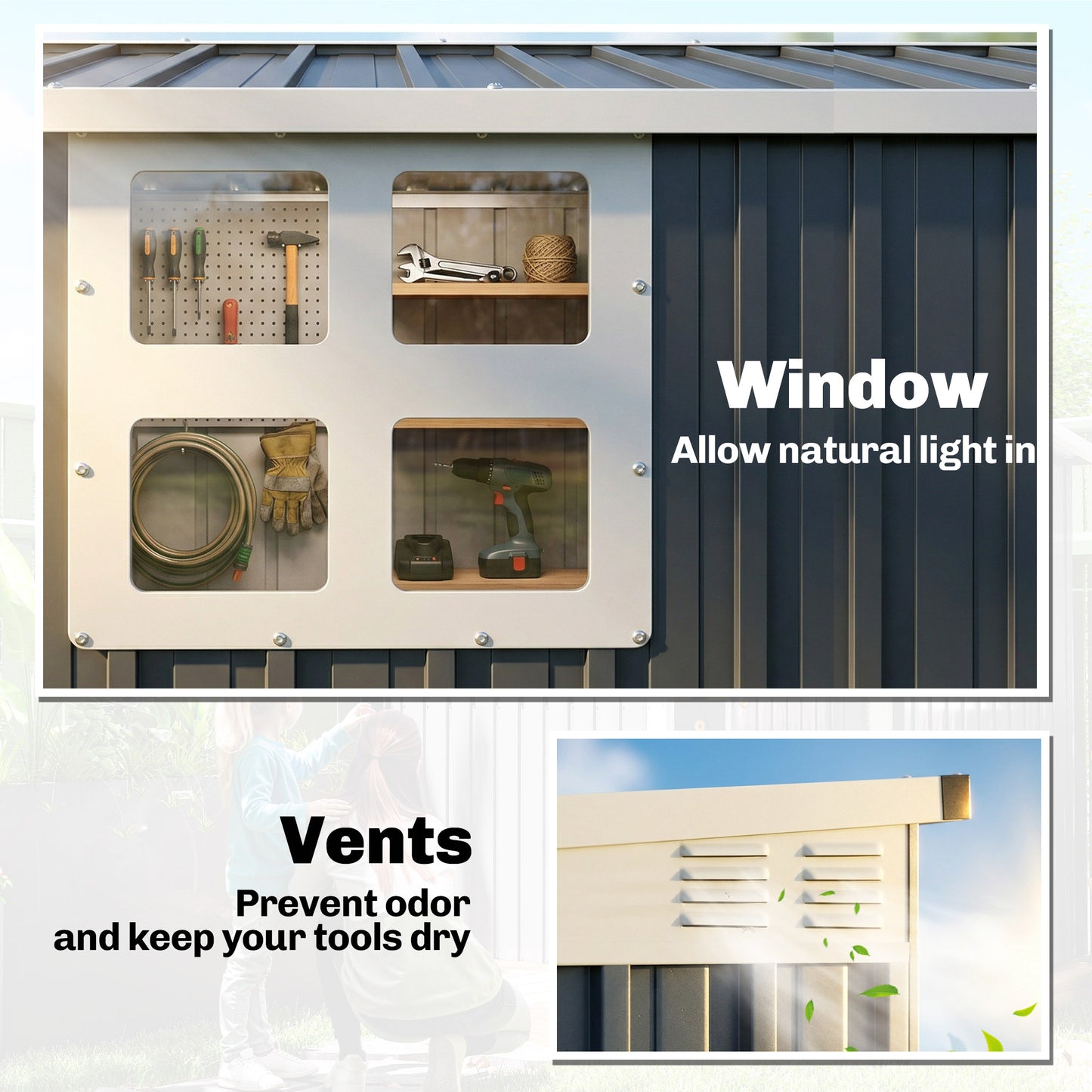 7.6 x 4ft Lean to Garden Metal Shed, Outdoor Storage Shed with Window, 2 Vents and Lockable Door for Garden, Dark Grey