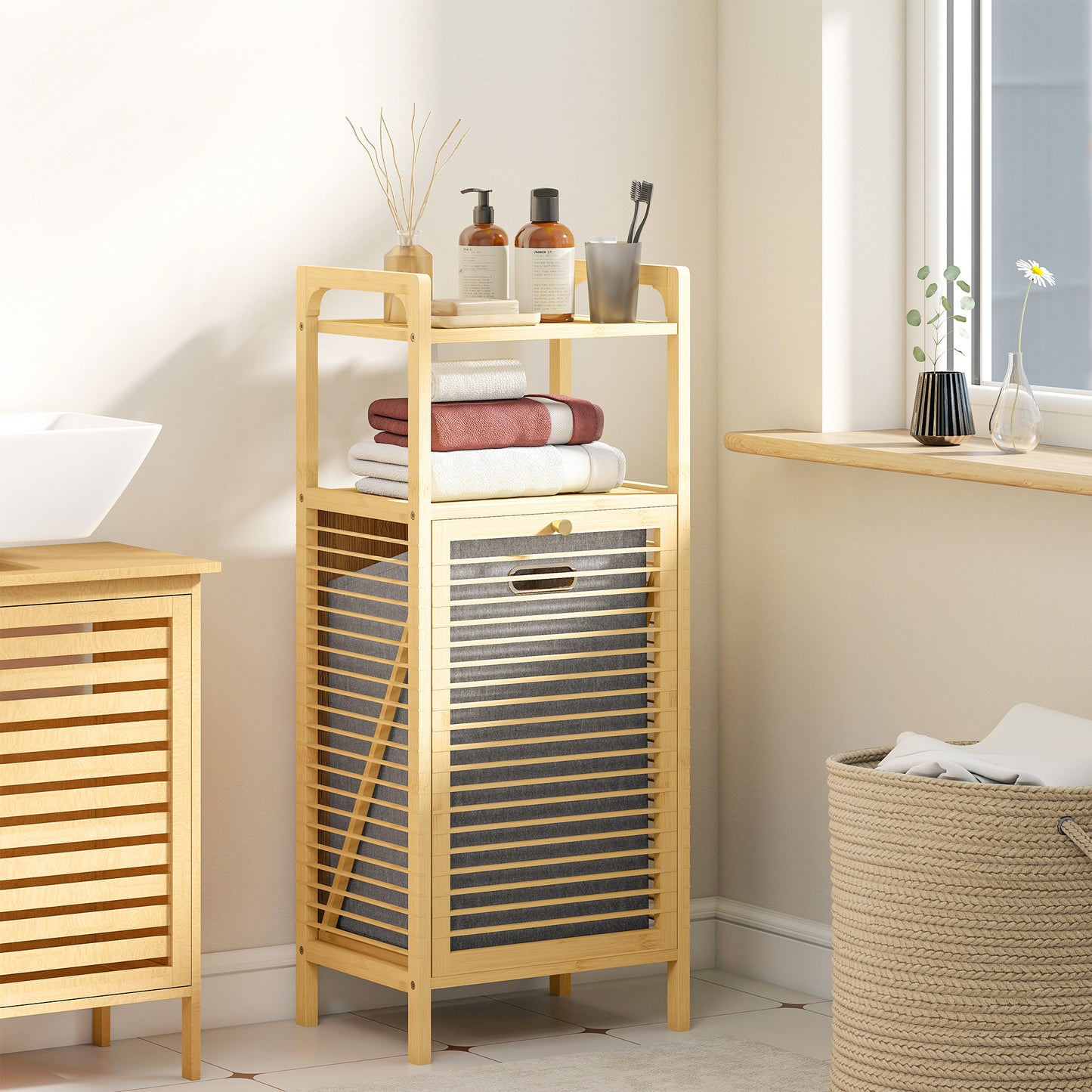 Bamboo Laundry Cabinet with Slatted Door, Bathroom Cabinet with Tilt-Out Hamper and Removable Liner Bag, 40 x 30D x 95 cm