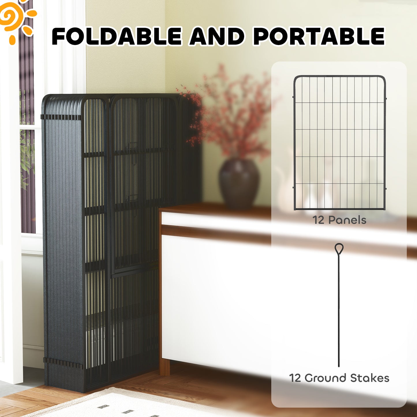 12-Panel Solid Dog Playpen with Doors, for Large Dogs, 100cm Tall, Black