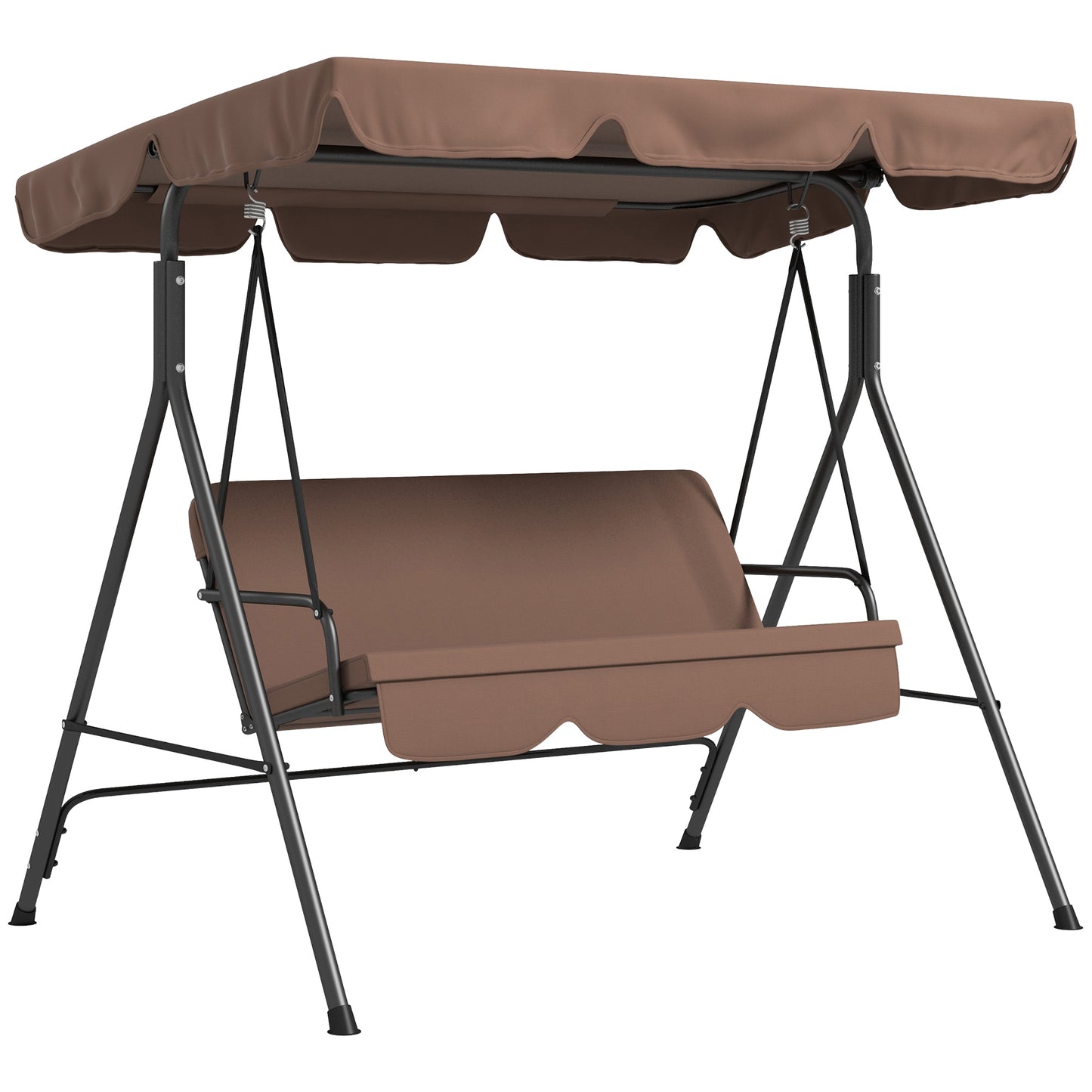 3 Seater Garden Swing Chair, Outdoor Swing Chair with Adjustable Canopy, Mental Frame & Cushions, Brown