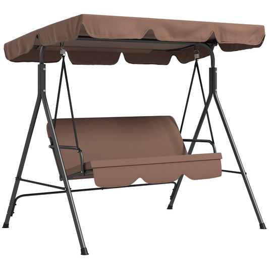 3 Seater Garden Swing Chair, Outdoor Swing Chair with Adjustable Canopy, Mental Frame & Cushions, Brown