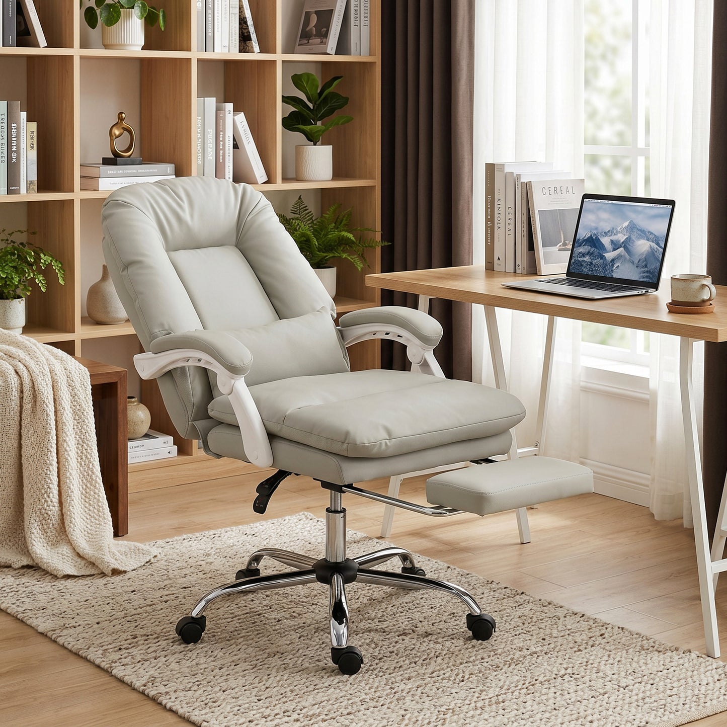 Ergonomic Executive Office Chair, Reclining Desk Chair with Lumbar Support, Footrest, Plush Thick Cushion, Khaki
