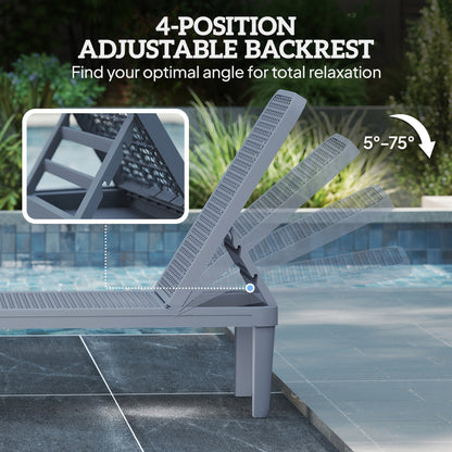 Plastic Sun Lounger, 4-Position Adjustable Reclining Garden Lounger Sunbed for Patio, Beach, Terrace, Dark Grey
